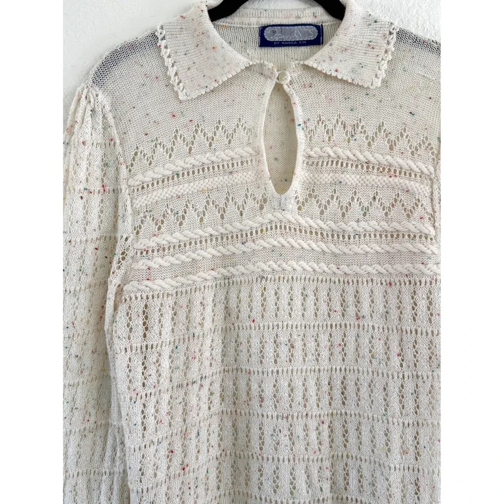 Vintage Marie Kim‎ Textured Knit Collared Sweater Multi Speckled Cream Size M
